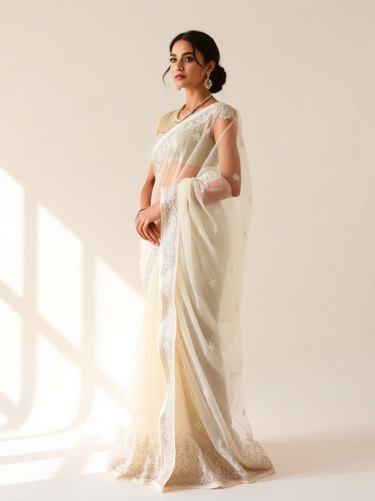 Ivory Organza Chikan Saree