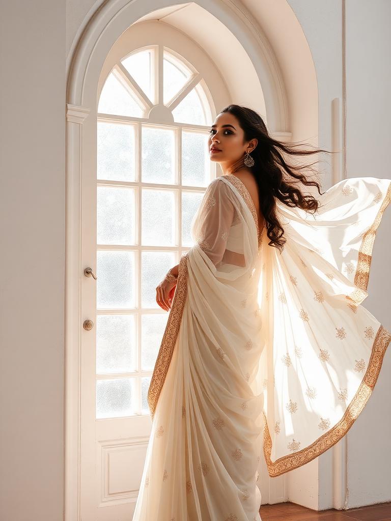 Ivory Organza Chikan Saree — view 2
