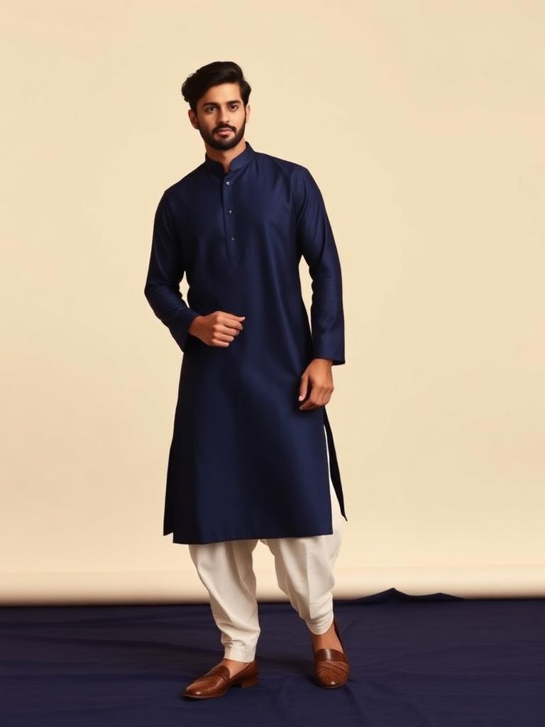 Vikram Navy Silk Kurta Set